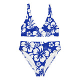 White Hawaiian Flowers on Royal Blue High Waisted Bikini - Extremely Stoked