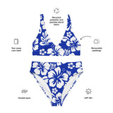 White Hawaiian Flowers on Royal Blue High Waisted Bikini - Extremely Stoked