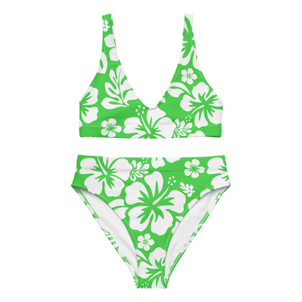 White Hawaiian Flowers on Lime Green High Waisted Bikini