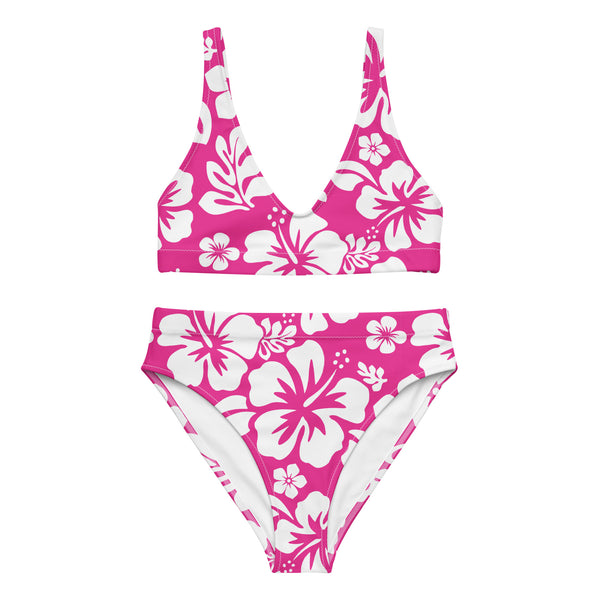 White Hawaiian Flowers on Hot Pink High Waisted Bikini