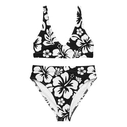 White Hawaiian Flowers on Black High Waisted Bikini