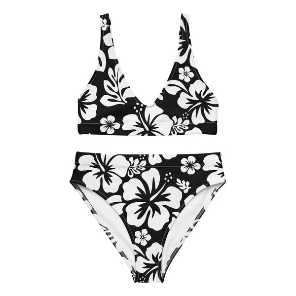 White Hawaiian Flowers on Black High Waisted Bikini