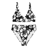 White Hawaiian Flowers on Black High Waisted Bikini