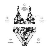 White Hawaiian Flowers on Black High Waisted Bikini