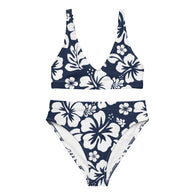 White Hawaiian Flowers on Navy Blue High Waisted Bikini