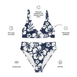 White Hawaiian Flowers on Navy Blue High Waisted Bikini