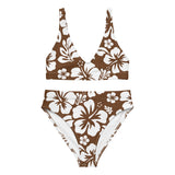 White Hawaiian Flowers on Brown High Waisted Bikini