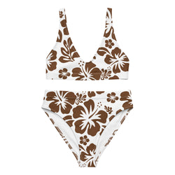 Brown Hibiscus Hawaiian Flowers on White High Waisted Bikini