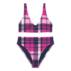 Hot Pink and Navy Blue Preppy Surfer Girl Plaid High Waisted Bikini