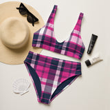 Hot Pink and Navy Blue Preppy Surfer Girl Plaid High Waisted Bikini