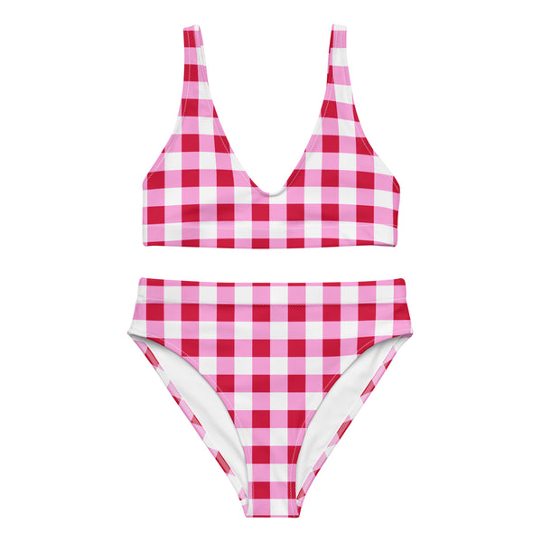 Cherry Red, White and Pink Gingham High Waisted Bikini Swimsuit