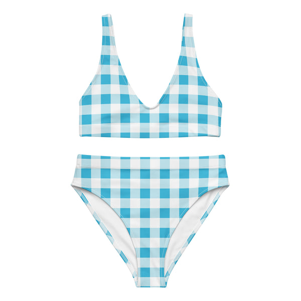 Aqua Blue and White Gingham High Waisted Bikini Swimsuit