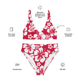 White Hawaiian Flowers on Red High Waisted Bikini