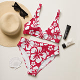 White Hawaiian Flowers on Red High Waisted Bikini