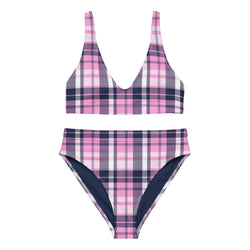 Pink and Navy Blue Preppy Surfer Girl Plaid High Waisted Bikini