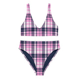 Pink and Navy Blue Preppy Surfer Girl Plaid High Waisted Bikini