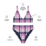 Pink and Navy Blue Preppy Surfer Girl Plaid High Waisted Bikini