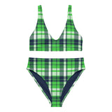 Lime Green and Navy Blue Preppy Surfer Girl Plaid High Waisted Bikini