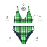 Lime Green and Navy Blue Preppy Surfer Girl Plaid High Waisted Bikini