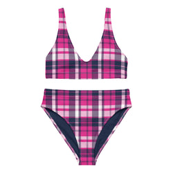 Hot Pink and Navy Blue Preppy Surfer Girl Plaid High Waisted Bikini