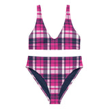 Hot Pink and Navy Blue Preppy Surfer Girl Plaid High Waisted Bikini