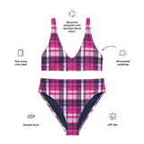 Hot Pink and Navy Blue Preppy Surfer Girl Plaid High Waisted Bikini