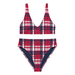 Red, White and Blue Preppy Surfer Girl Plaid High Waisted Bikini