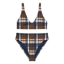 Navy Blue and Brown Preppy Surfer Girl Plaid High Waisted Bikini