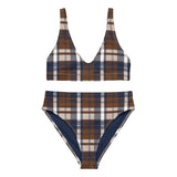 Navy Blue and Brown Preppy Surfer Girl Plaid High Waisted Bikini