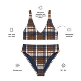 Navy Blue and Brown Preppy Surfer Girl Plaid High Waisted Bikini