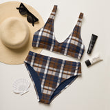 Navy Blue and Brown Preppy Surfer Girl Plaid High Waisted Bikini