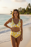 Yellow Hawaiian Flowers on White High Waisted Bikini – Eco Swimwear by Extremely Stoked®
