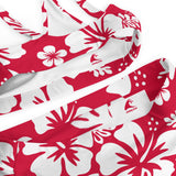 White Hawaiian Flowers on Red High Waisted Bikini