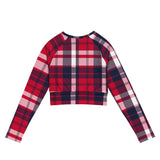 Red, White and Blue Preppy Surfer Plaid Long Sleeve Crop Top