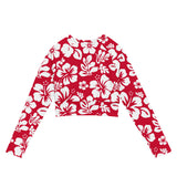 Red and White Hawaiian Flowers Long Sleeve Crop Top