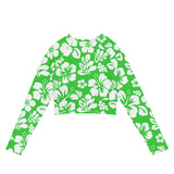 Lime and White Hawaiian Flowers Long Sleeve Crop Top