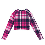 Hot Pink and Navy Blue Preppy Surfer Plaid Long Sleeve Crop Top