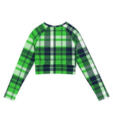 Lime and Navy Blue Preppy Surfer Plaid Long Sleeve Crop Top