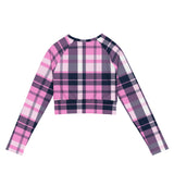 Pink and Navy Blue Preppy Surfer Plaid Long Sleeve Crop Top