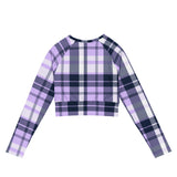 Lavender and Navy Blue Preppy Surfer Plaid Long Sleeve Crop Top