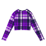 Purple and Navy Blue Preppy Surfer Plaid Long Sleeve Crop Top