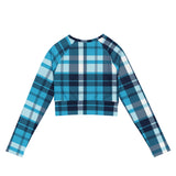 Aqua and Navy Blue Preppy Surfer Plaid Long Sleeve Crop Top