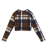 Brown and Navy Blue Preppy Surfer Plaid Long Sleeve Crop Top