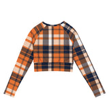 Orange and Navy Blue Preppy Surfer Plaid Long Sleeve Crop Top