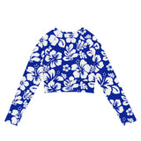 Royal Blue and White Hawaiian Flowers Long Sleeve Crop Top