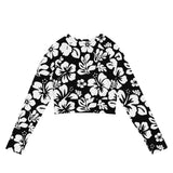 Black and White Hawaiian Flowers Long Sleeve Crop Top