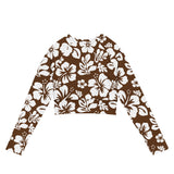 Brown and White Hawaiian Flowers Long Sleeve Crop Top