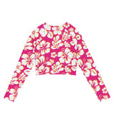 Hot Pink, White and Orange Hawaiian Flowers Long Sleeve Crop Top