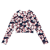 Navy Blue, Red, and White Hawaiian Flowers Long Sleeve Crop Top