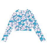 Aqua, White and Pink Hawaiian Flowers Long Sleeve Crop Top